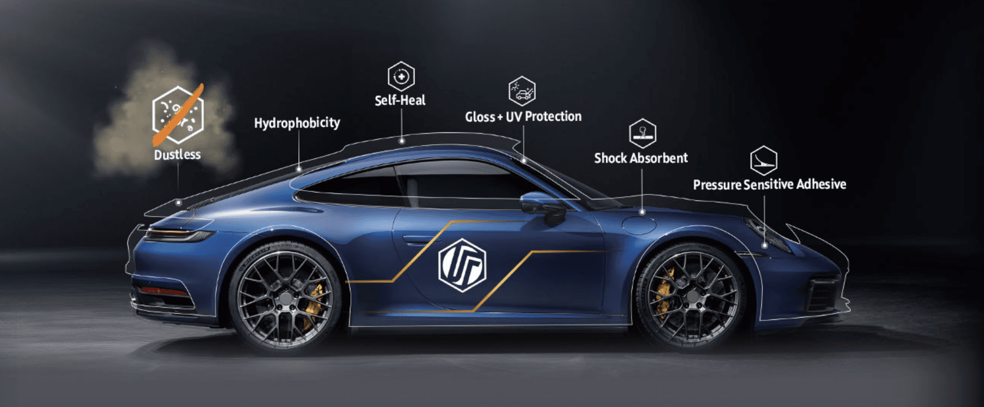 ULTRAFIT paint protection film technology on a blue sports car